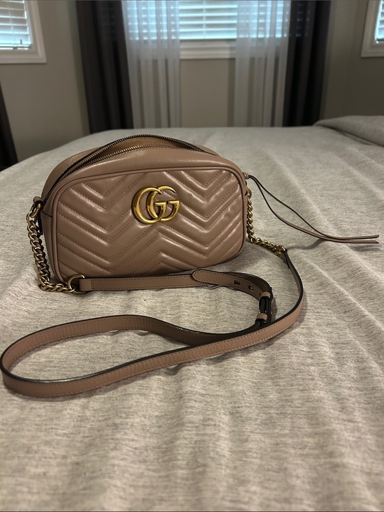 Gucci Handbags - Gucci Marmont beige leather chevron crossbody with gold GG